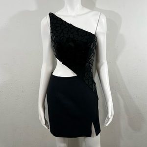 Sherri Hill Black One Shoulder Mirror-Cut Sequins Sheath Cut-Out  Dress Sz 6